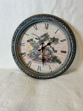 Decorative Blue Fruit-Motif Wall Clock with Roman Numerals